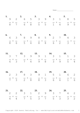 Single Digit Fraction Problem Set BK Multiplication Worksheet