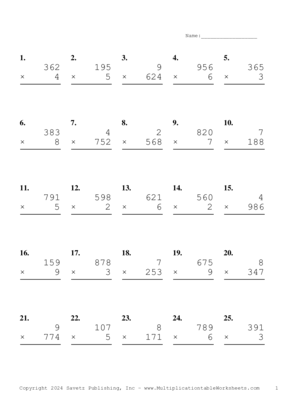 Three by One Digit Problem Set AS Multiplication Worksheet