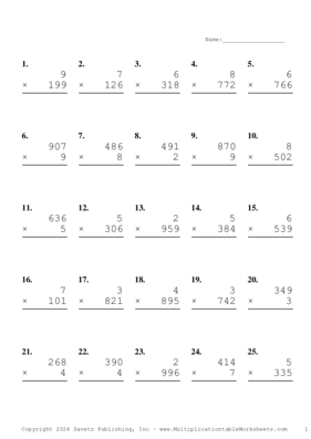 Three by One Digit Problem Set AT Multiplication Worksheet