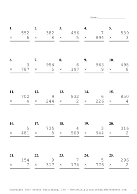 Three by One Digit Problem Set AU Multiplication Worksheet