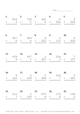 Three by One Digit Problem Set AV Multiplication Worksheet