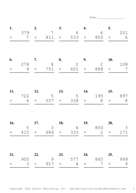 Three by One Digit Problem Set AW Multiplication Worksheet