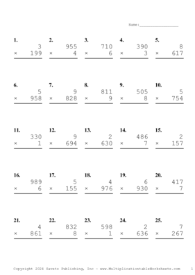 Three by One Digit Problem Set AY Multiplication Worksheet