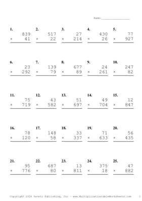 Three by Two Digit Problem Set AV Multiplication Worksheet