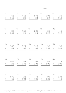 Three by Two Digit Problem Set AW Multiplication Worksheet