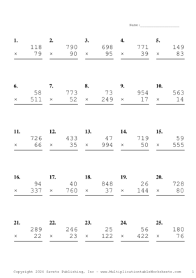 Three by Two Digit Problem Set AX Multiplication Worksheet