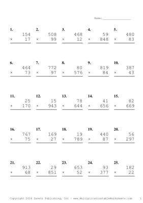 Three by Two Digit Problem Set AY Multiplication Worksheet