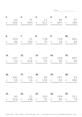 Three by Two Digit Problem Set AZ Multiplication Worksheet