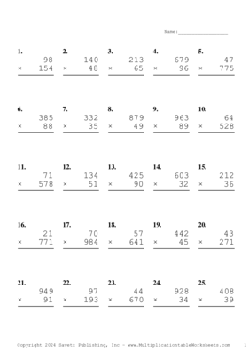 Three by Two Digit Problem Set BA Multiplication Worksheet