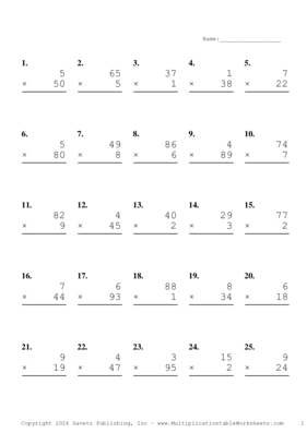 Two by One Digit Problem Set AK Multiplication Worksheet