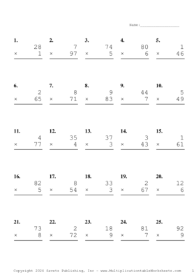 Two by One Digit Problem Set AL Multiplication Worksheet