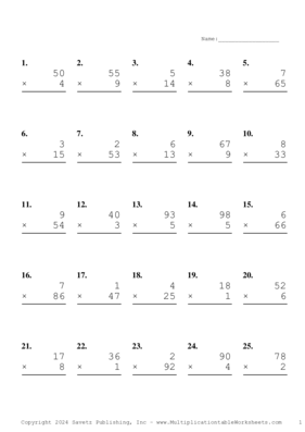 Two by One Digit Problem Set AM Multiplication Worksheet