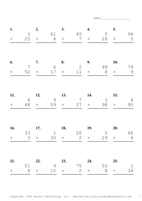 Two by One Digit Problem Set AN Multiplication Worksheet