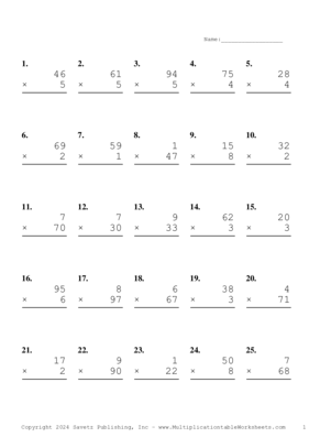 Two by One Digit Problem Set AP Multiplication Worksheet